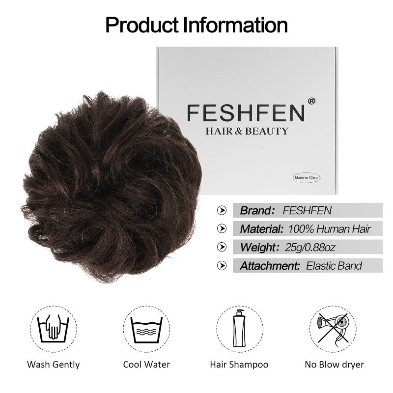 FESHFEN Human Messy Buns - 100% Human Hair Bun Real Scrunchies Hair Pieces Ponytail Extensions Wavy Tousled Updo Chignon Hairpieces for Women, Brown - Image 5